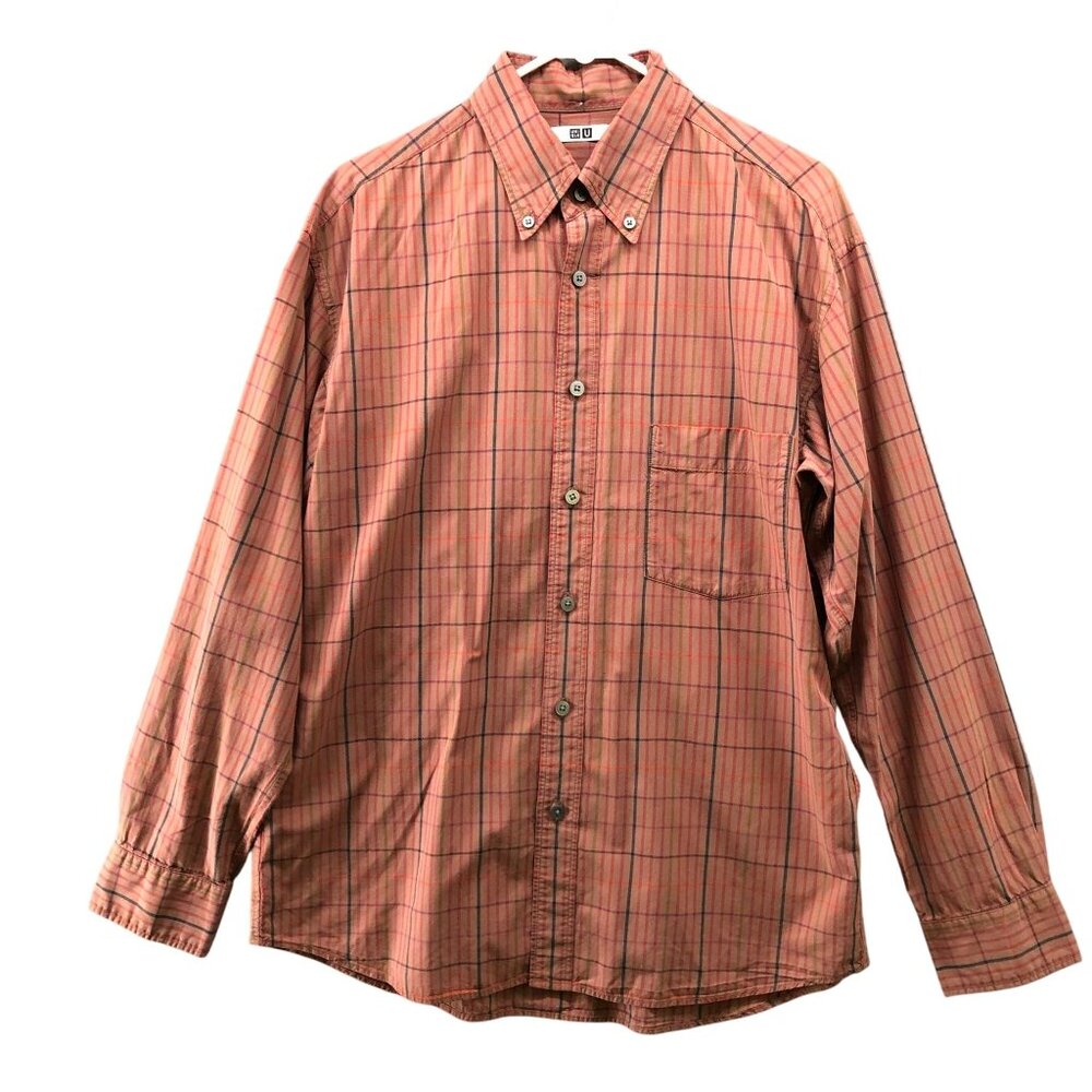 Uniqlo Button Down Shirt Mens M Long Sleeve Brown Tan Plaid Cotton Rayon